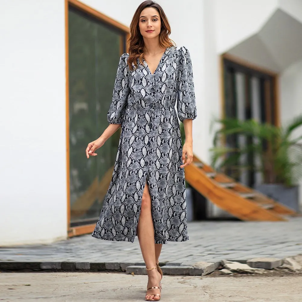 Змея платье с принтом Для женщин Лучшие продажи Фонари рукавом Разделение