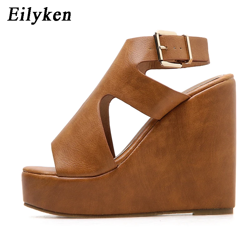 Eilyken/летние коричневые женские босоножки на платформе из искусственной кожи; удобные женские босоножки на танкетке с открытым носком и ремешком с пряжкой; Размеры 35-42