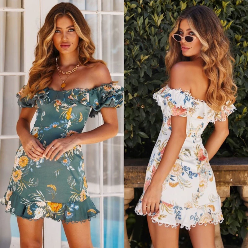 

Women Dresses Print Slash Neck Summer Dress Lace 2019 Sundress Casual Sexy Ladies Bohemian Beach Dress D190604