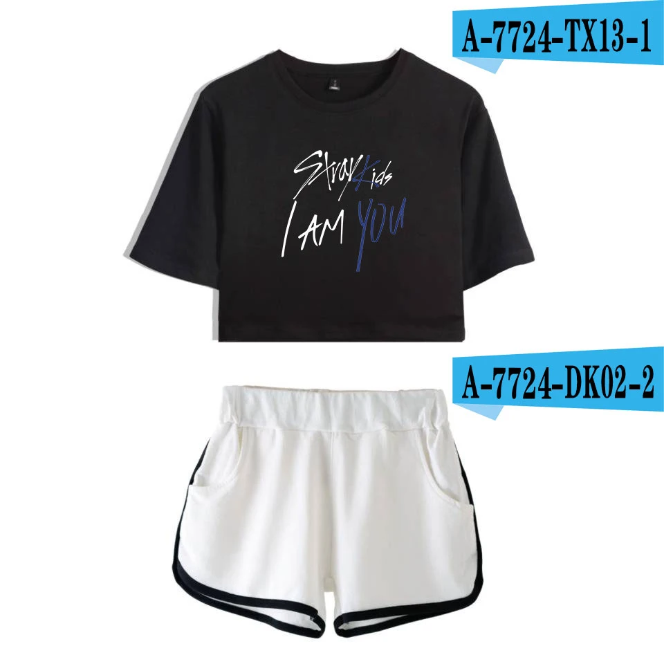 LUCKYFRIDAYF Stray Kids I Am You крутые модные летние шорты и футболки женские комплекты из двух предметов поп-кроп Топ мягкая сексуальная одежда - Цвет: black white