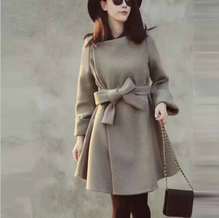 Симпатичные элегантный Плюс Размер Длинный Лук Пальто женские Старинные Шерсти