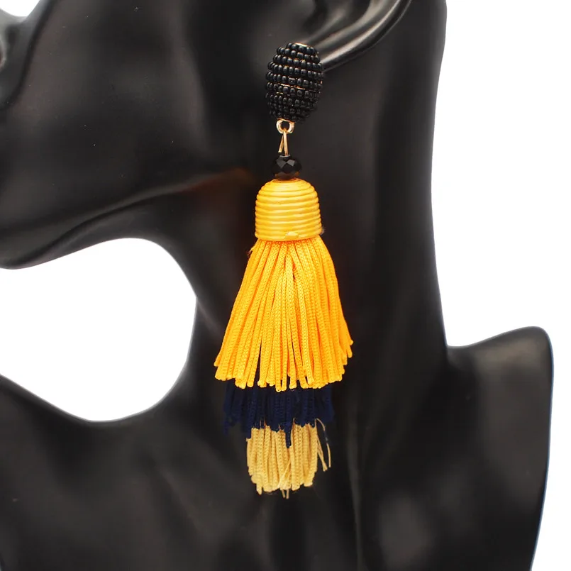 Yellow Earrings MANILAI Bohemia 3 Слоистые хлопковые серьги с кисточками, модные ювелирные изделия, многоцветные массивные длинные висячие серьги с бахромой для женщин - Окраска металла: Yellow Earrings