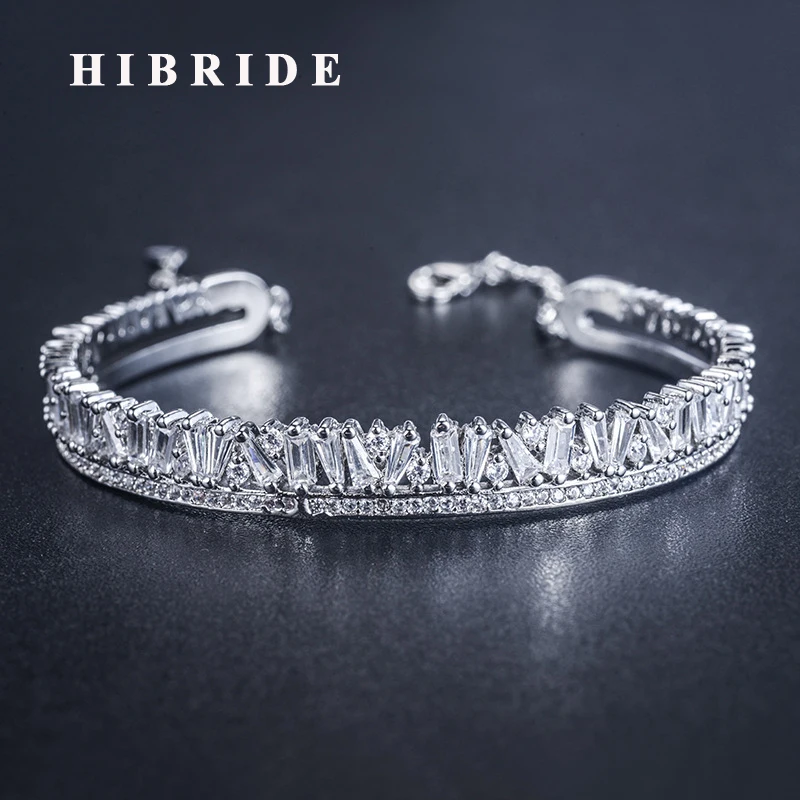 

HIBRIDE Luxury Design BrillianT Cubic Zirconia Baguette Cuff Bangle&Bracelets Jewelry Link Chain Adjustable Size Bracelets B-132