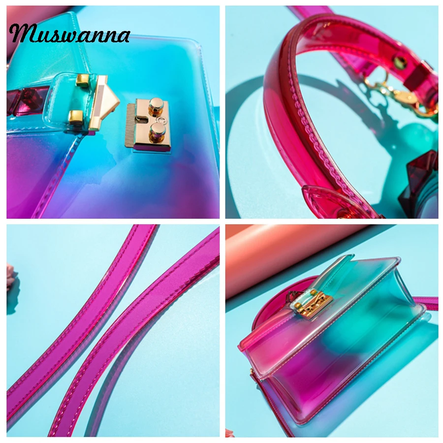 Прозрачная ПВХ-пленка сумки на плечо Топ Ручка заклепки градиент гелевые