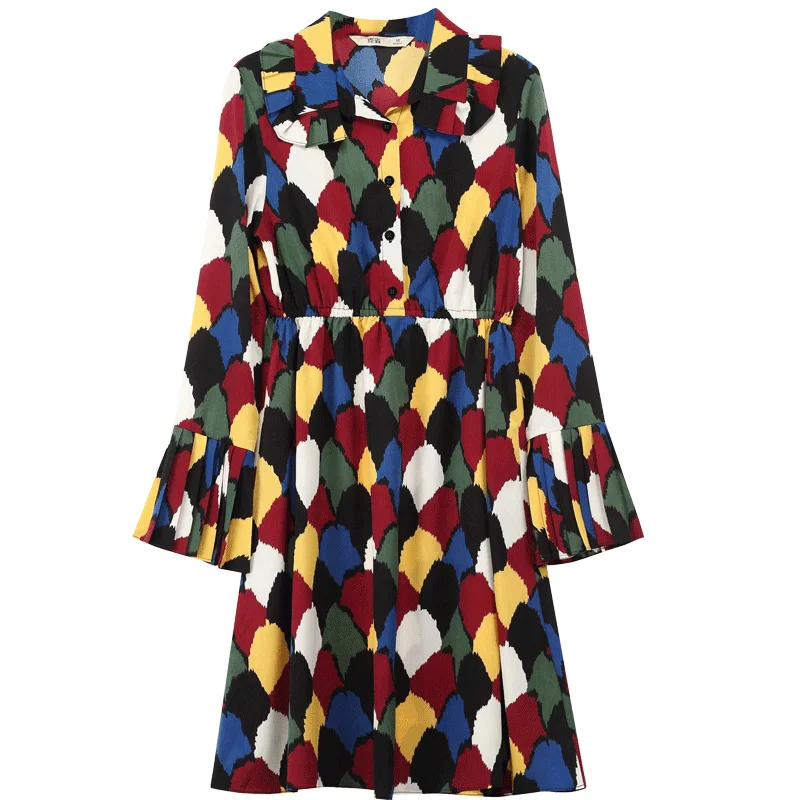 Samstree Winter Vintage Women Dress Pop Pattern Printed Female Vestidos Turn-down Collar Button Young Ladies Dress