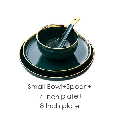 4 Pcs Set Зеленая керамическая пластина с золотой инкрустацией, тарелка для стейка, посуда в скандинавском стиле, миска Ins, обеденное блюдо, высококачественный фарфоровый набор посуды - Цвет: 4 Pcs Set