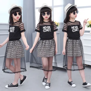 Одежда для маленьких девочек комплект одежды для больших девочек, летняя эксклюзивная одежда детская футболка с надписью Never Coast + сетчатая рубашка от 4 до 15 лет