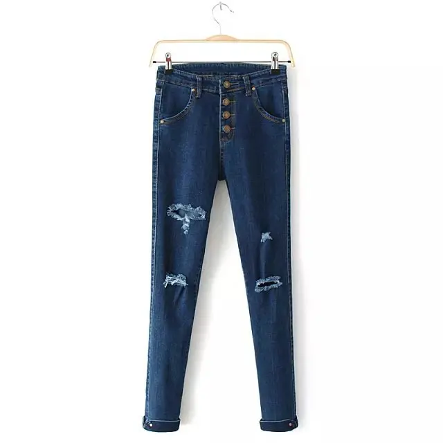 woman jeans 2014 new Slim A-breasted women skinny ripped pencil pants denim trousers |