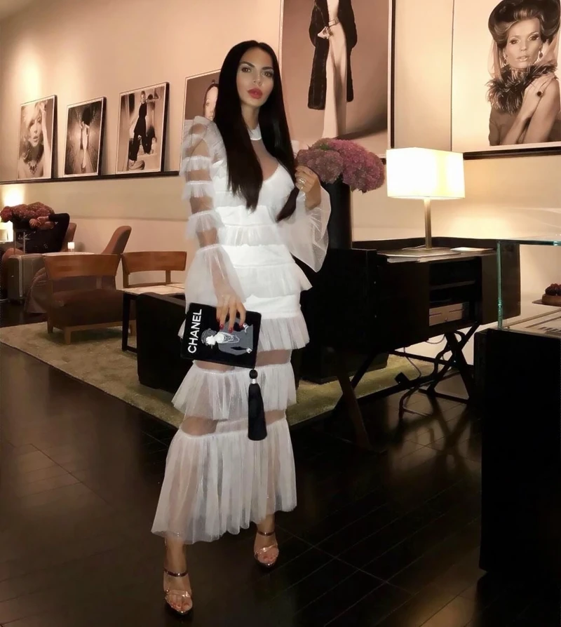 2019 весеннее женское белое длинное платье Элегантное гофрированное