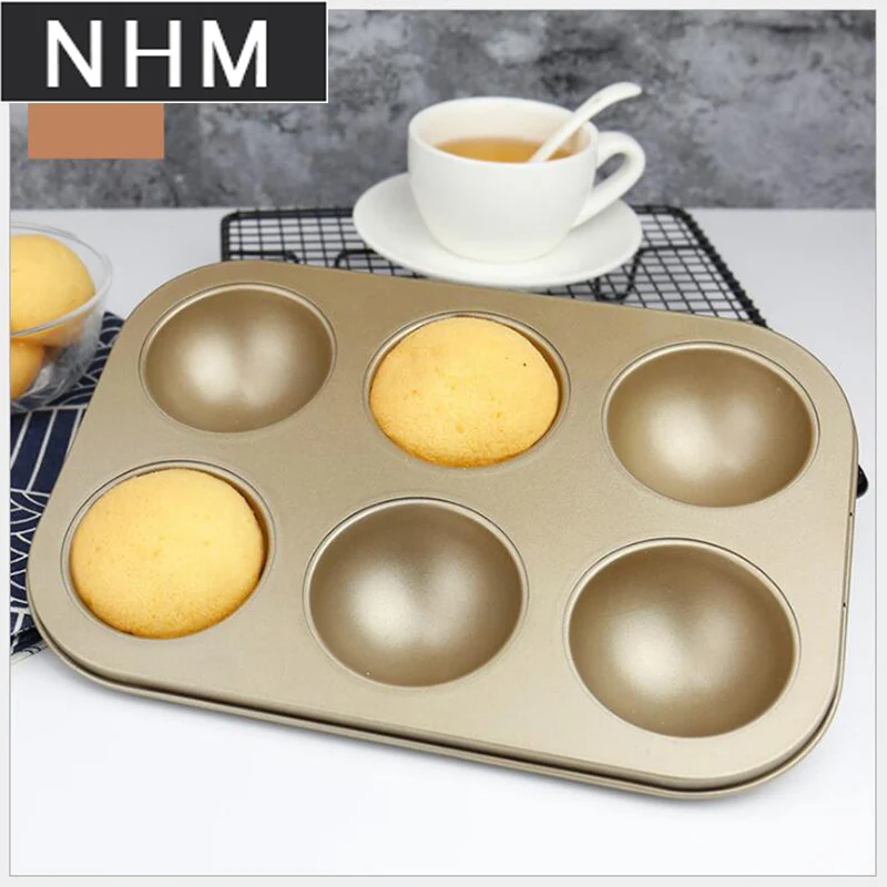 

NHM 1 piece Baking mould gold anti-sticky round ball 6 with carbon steel semi-round cup cake mould