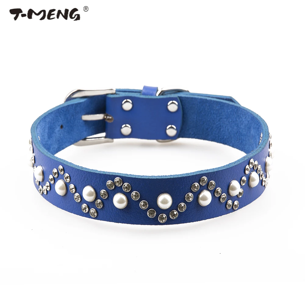 

T-MENG Brand Genuine Leather Dog Collar Lead Jewelry Pearls and Diamonds Studded Necklace Pet Products Dogs Accessories Supplier