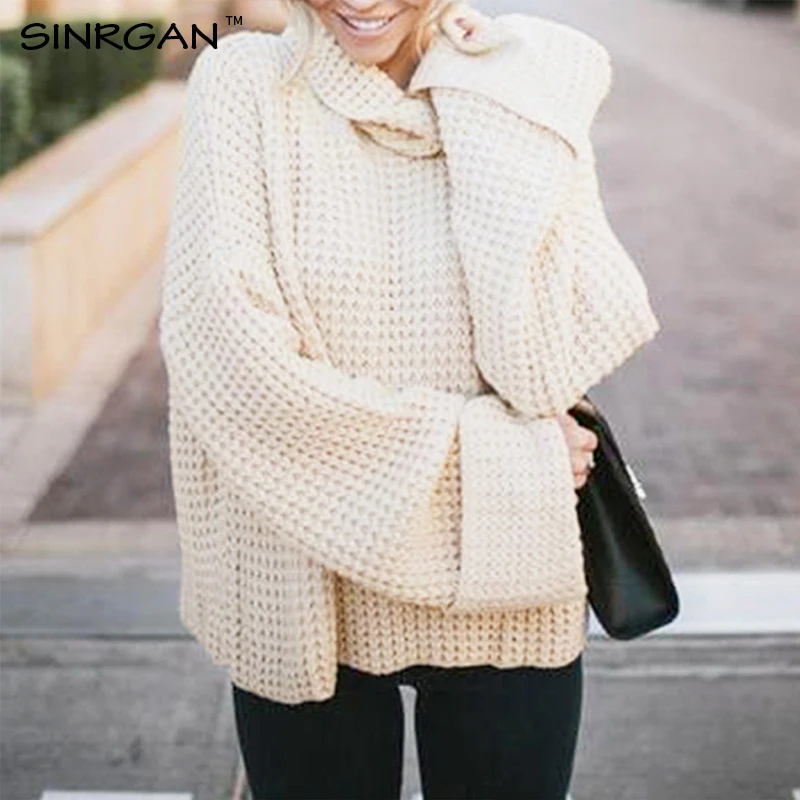 SINRGAN Loose long sleeve knitting turtleneck women pullover jumper oversized winter clothes solid casual streetwear coat | Женская
