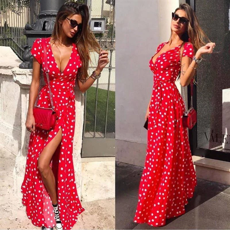 Женское длинное платье в горошек Boho повседневное пляжное с глубоким вырезом и