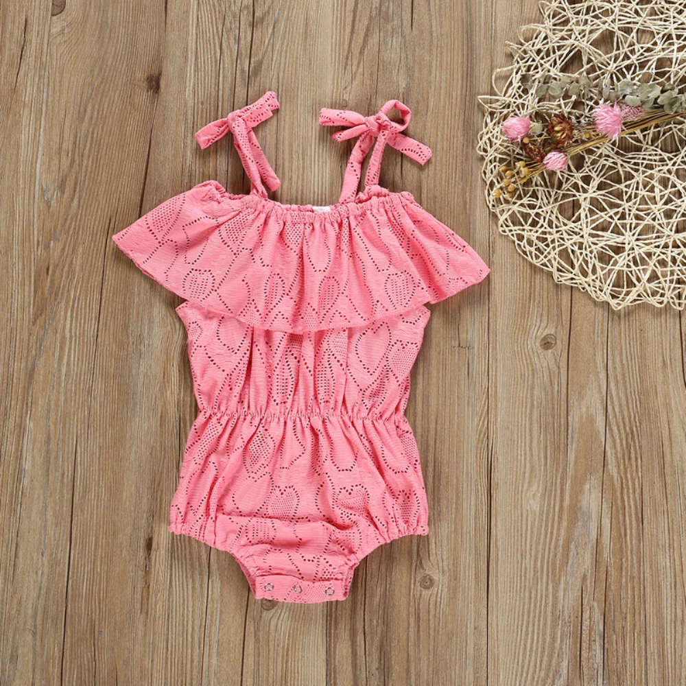 2019 Baby Summer Clothing 0-24M Toddler Girl Bodysuits Ruffles Sleeve Off Shoulder Hollow-out Hearts Pink Jumpsuit Sunsuit | Детская