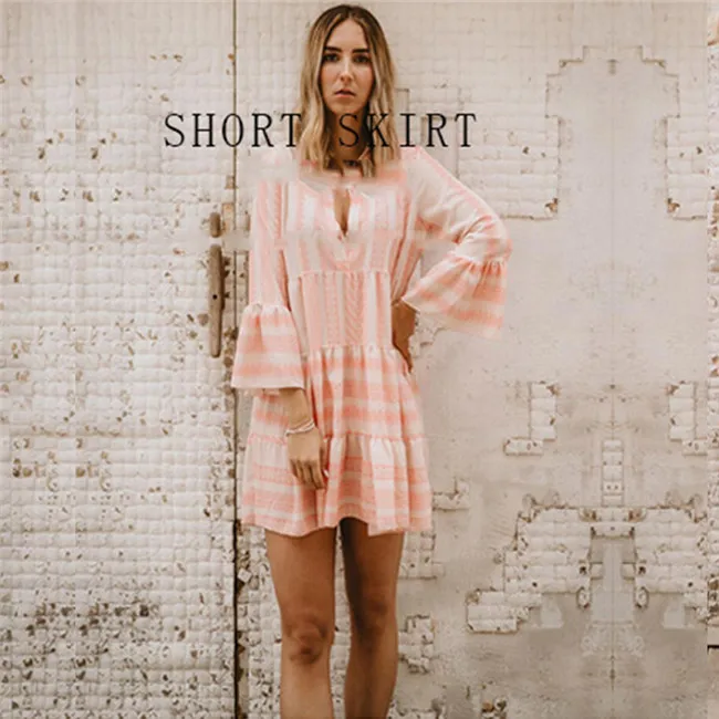 orange Y Nidus летние полосатые платья Мини женские Boho осенние вечерние короткие пляжные платья повседневные свободные Сарафаны с v-образным вырезом femme Vestidos - Цвет: orange