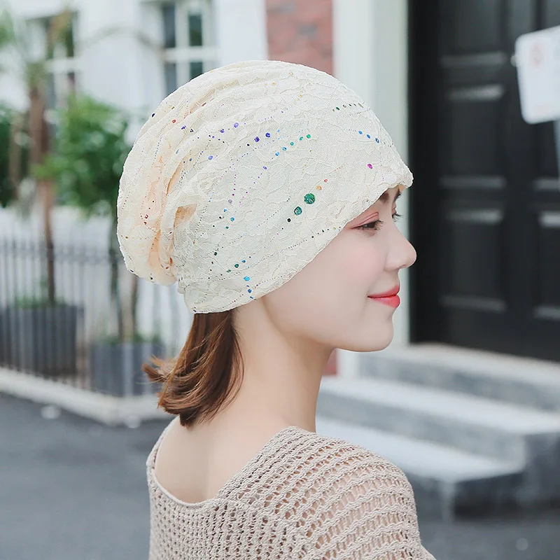 Turban Hats For Women Beanies Ladies Double Layer Lace Flower Bonnet Femme Female Baggy Cap 2018 New Summer Autumn Beanie | Аксессуары