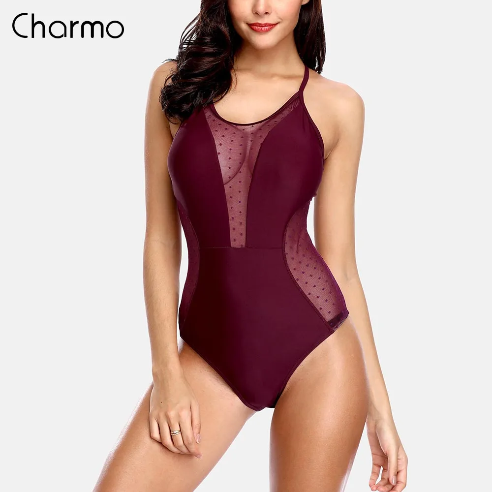 Женский слитный купальник в горошек Charmo с глубоким v образным вырезом и открытой