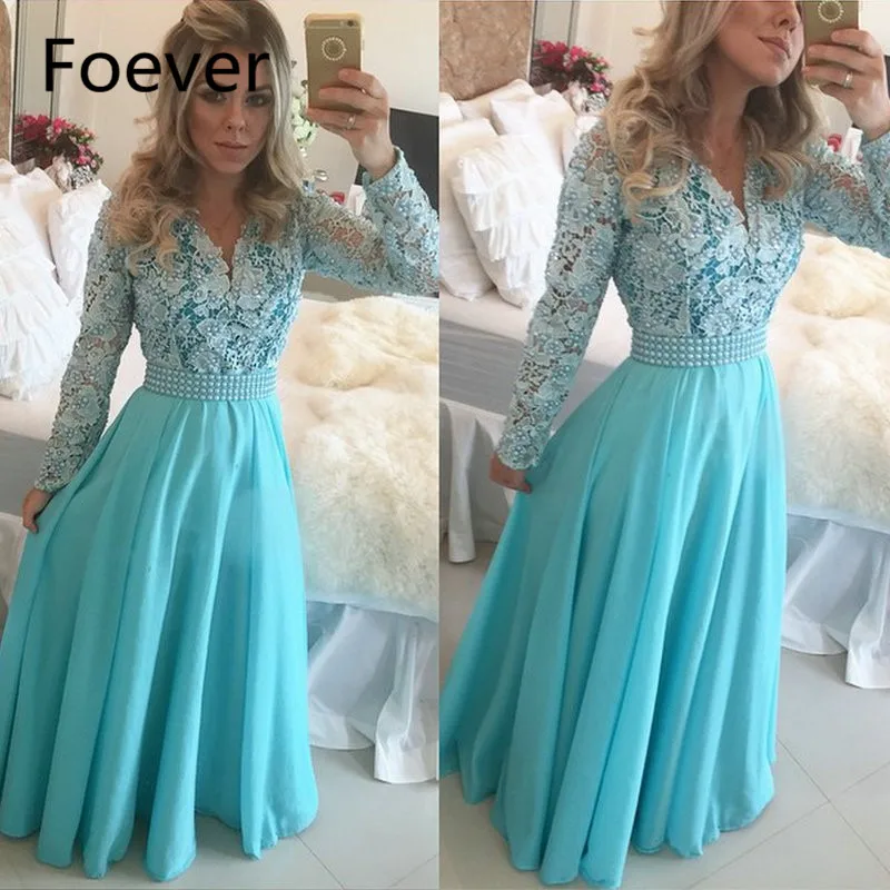 Фото Collar Long Sleeves Turquoise Lace Hijab Underscarf Dubai Moroccan Kaftan Muslim Long Event Gown Women Prom dress №1