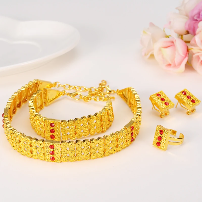 

24k Solid Thick Gold FINISH Ethiopian Jewelry sets Chokers Necklace/Earrings/Ring/Bracelet Eritrea Habesha Africa Wedding set