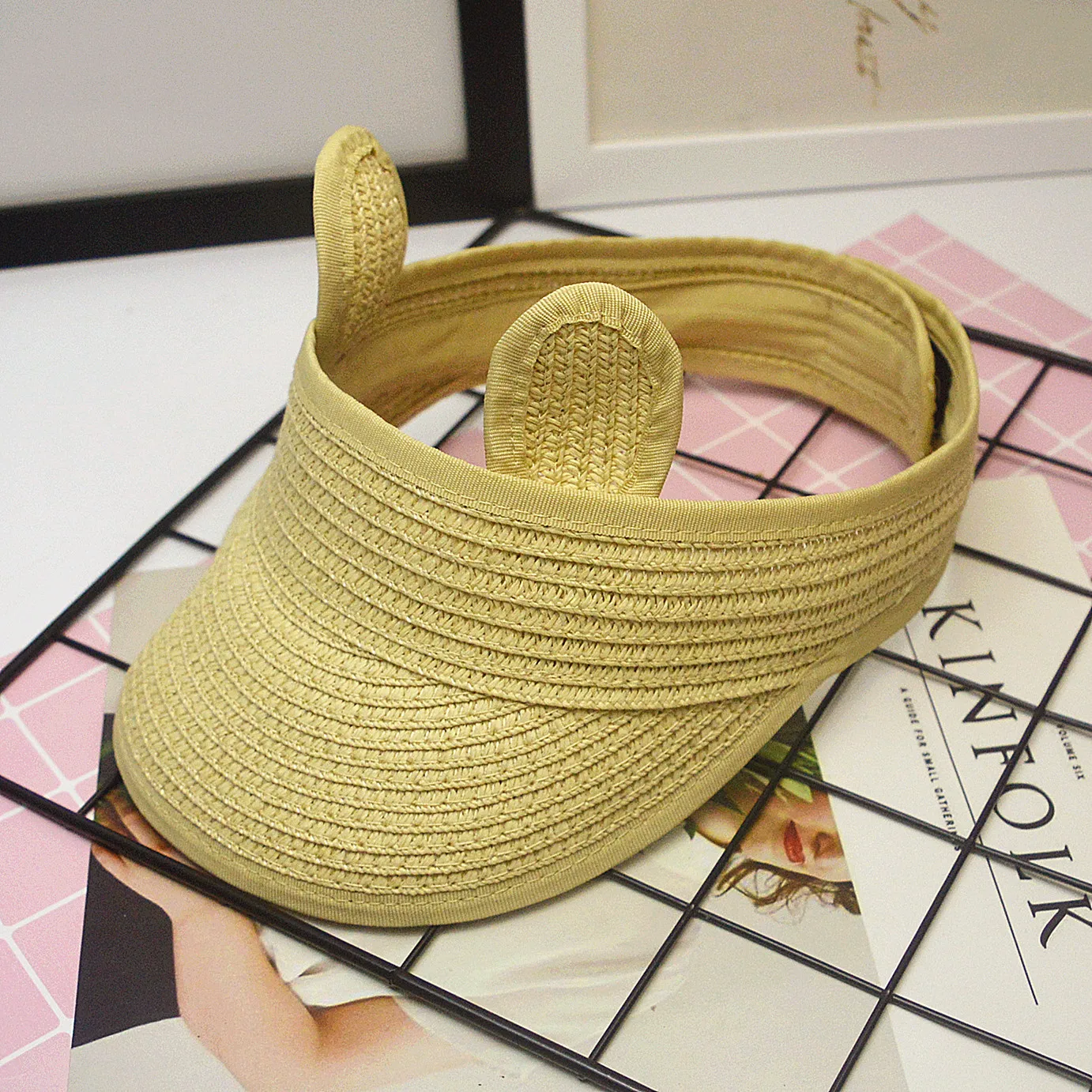 Детская пляжная шапка симпатичные кроличьи ушки, пустая верхняя часть, летняя соломенная шляпа для детей, складная, защита от солнца, шапка для малышей от 1 до 6 лет, оптом.