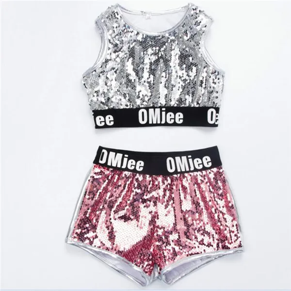 Vest And Shorts Детская одежда в стиле хип-хоп с блестками; Одежда для девочек; куртка; укороченные топы на бретелях; рубашка; шорты; костюм для джазовых танцев; одежда для бальных танцев; уличная одежда - Цвет: Vest And Shorts