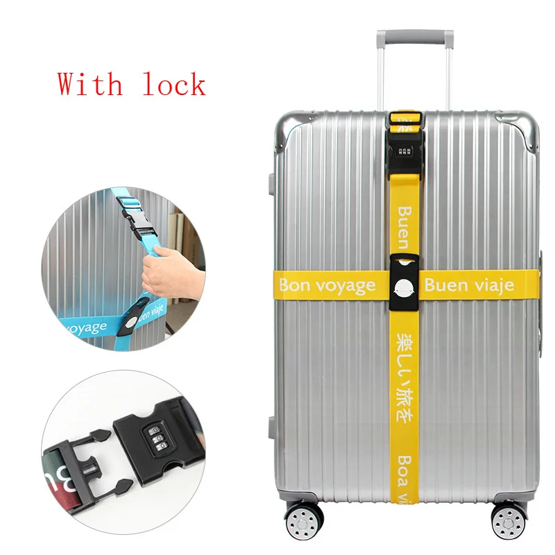 With lock yellow Багажный ремень лента для чемодана три цифры ремень с паролем багажные ремни крест ремень Регулируемый дорожный аксессуар чемодан веревка - Цвет: With lock yellow