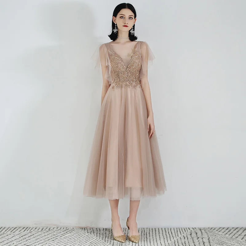 Женское коктейльное платье SSYFashion кружевное бальное до середины икры с V образным