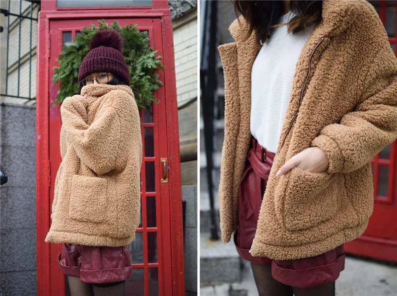 Dotfashion куртка с двойным карманом из искусственного меха цвета хаки Женская осенне-зимняя новая стильная куртка на молнии с воротником и длинным рукавом элегантное пальто из акрила