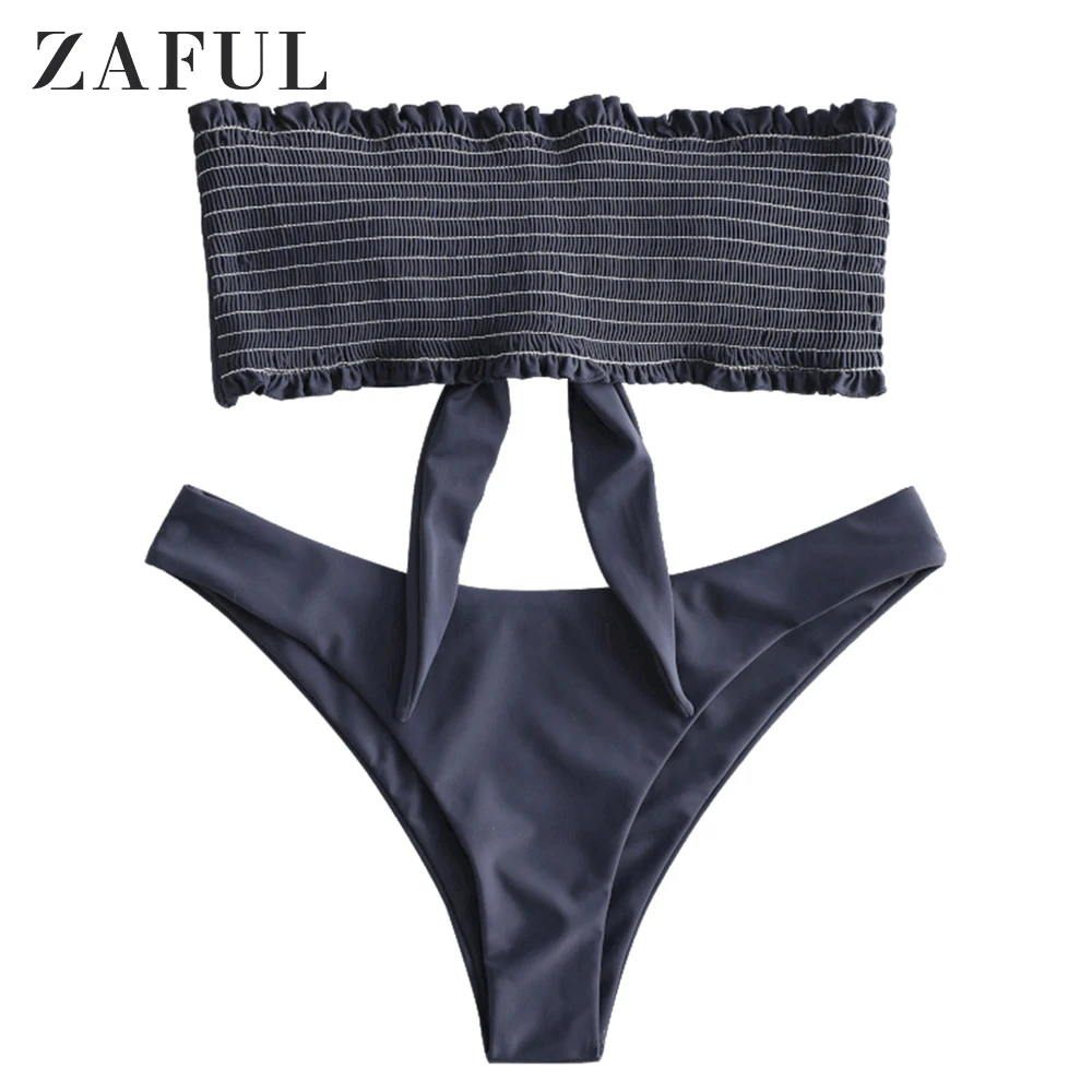 Jet Gray ZAFUL Бикини Shirred Узел Frilled Повязка Бикини Комплект Провода Свободные Мягкие Оборки Купальник с Низкой Талией Купальный Костюм Женщины Купальники - Цвет: Jet Gray