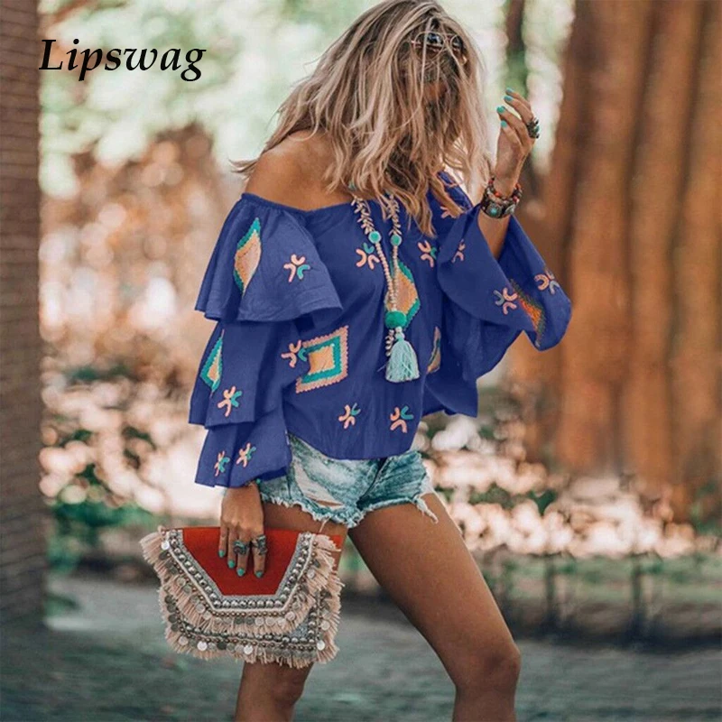 Lipswag 3XL Sexy Off Shoulder Printed Blouse Women Double Ruffles Flare Sleeve Shirt Slash Neck Blusas Tops Plus Size | Женская одежда