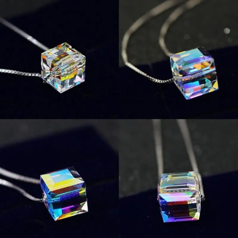 Для женщин кулон Цепочки и ожерелья s Silver Crystal Cube Four Leaf Clover цветок для ожерелье