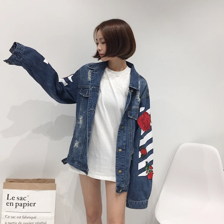 Осень зима Куртки 2017 женская обувь свободные с цветочным принтом милое джинсовое