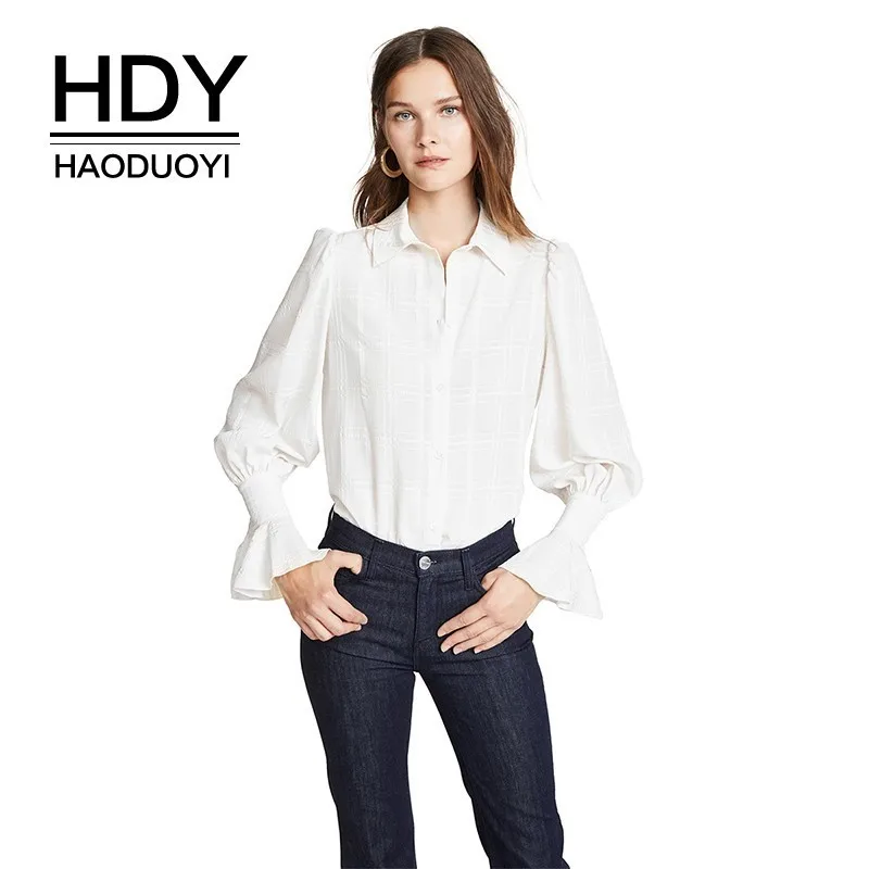 Простая клетчатая блузка HDY Haoduoyi фонарик с узором рукавами волнистыми
