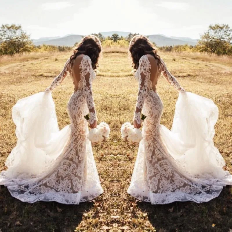 

2019 Hot Romantic Full Lace White Wedding Dresses Mermaid Illusion Long Sleeves Appliqued Western Country Bridal gown