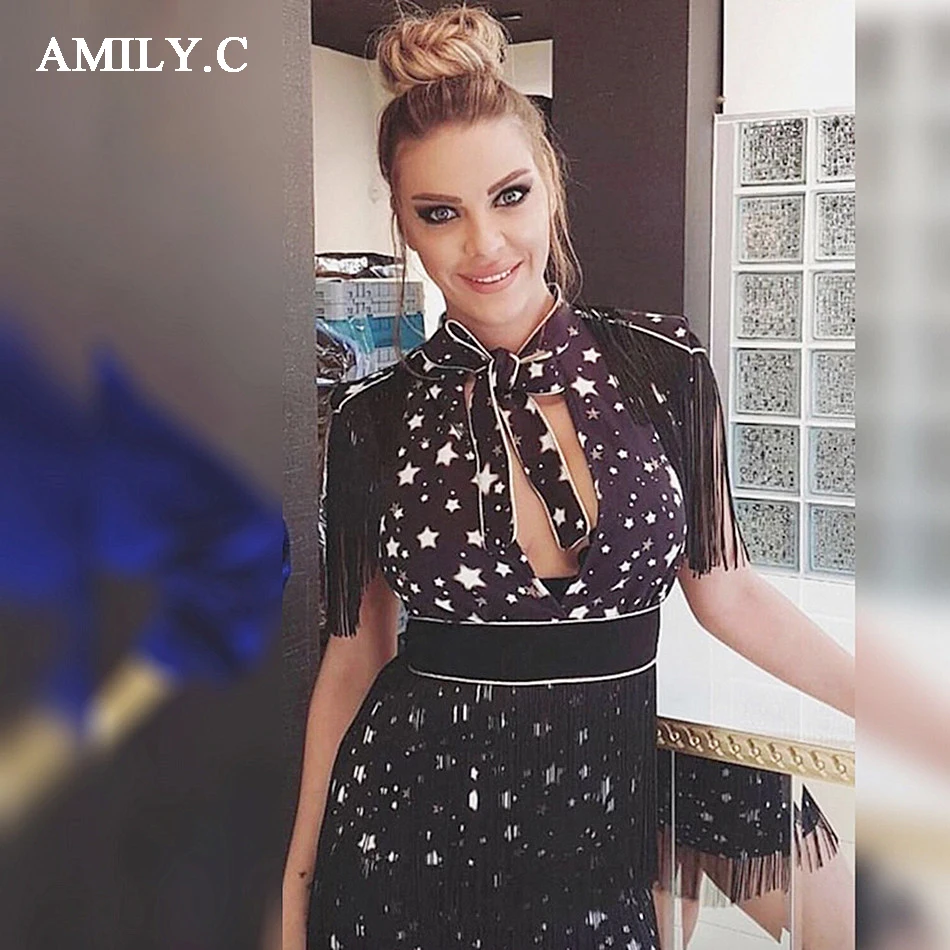 Amily.c 2018 New Spring Women Dress Turtleneck Sexy Bodycon Tassel Chic Celebrity Party Black Dresses Wholesale Vestidos | Женская