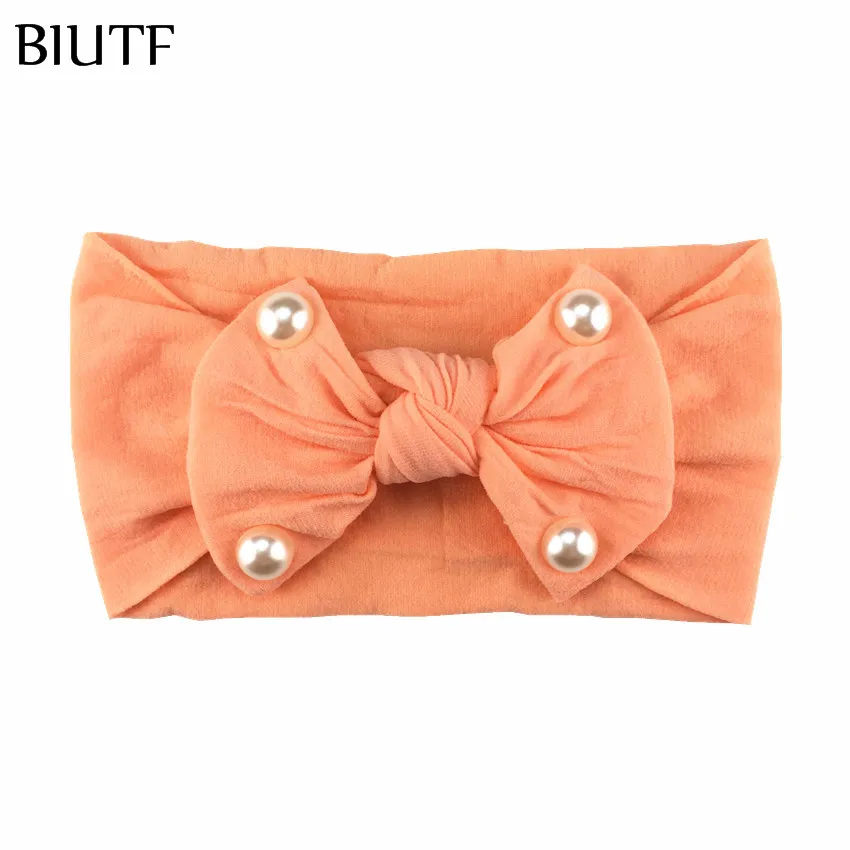 20pcs/lot Handmade Soft Nylon Elastic Headband Bow Knotted Solid Color Hairband with Pearl Princess Headwear HB085 | Аксессуары для