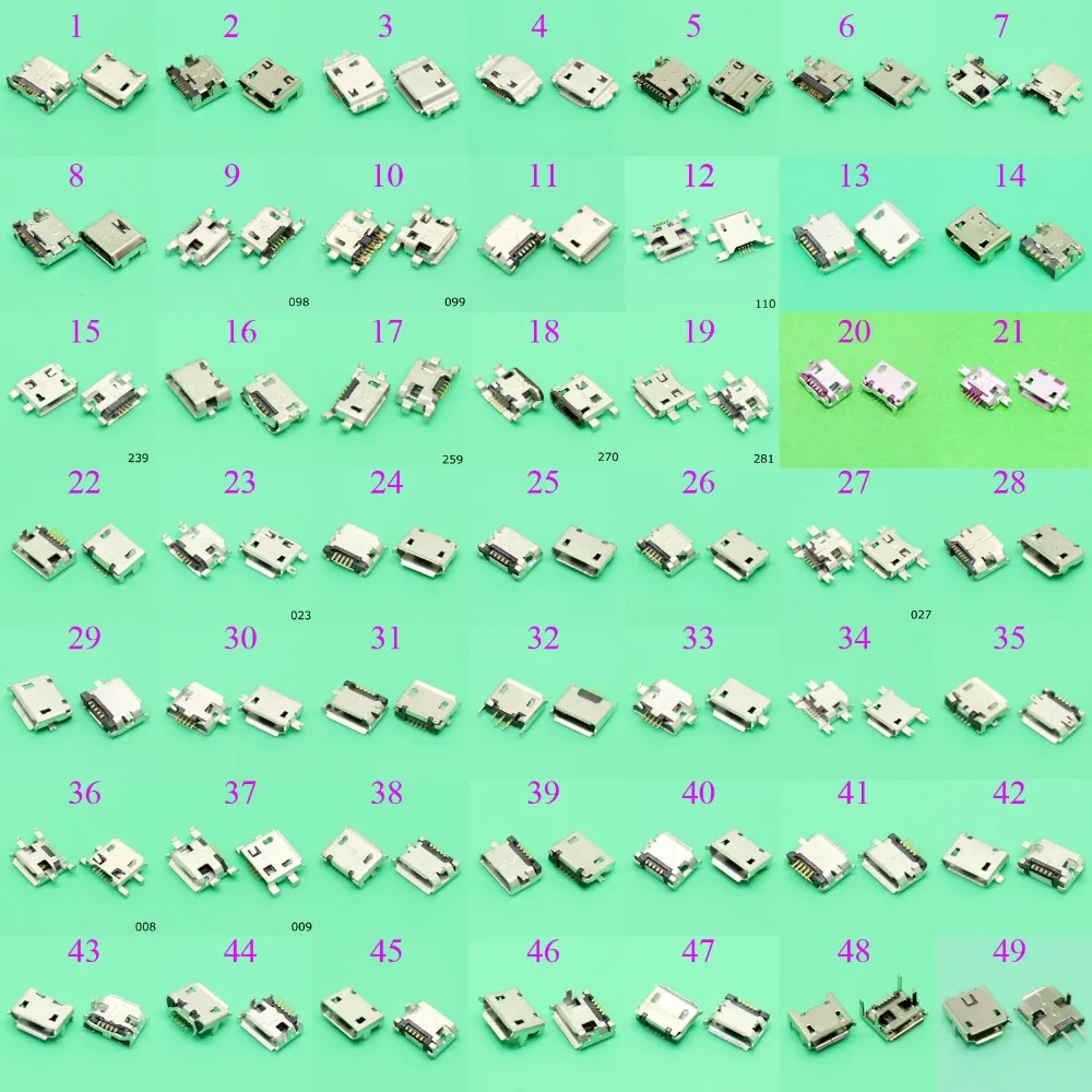 49 моделей, 49 шт.-980 шт., разъем Micro USB 5Pin, 7-контактный разъем Micro USB, разъем Micro USB для зарядного порта, разъем для Samsung, Lenovo
