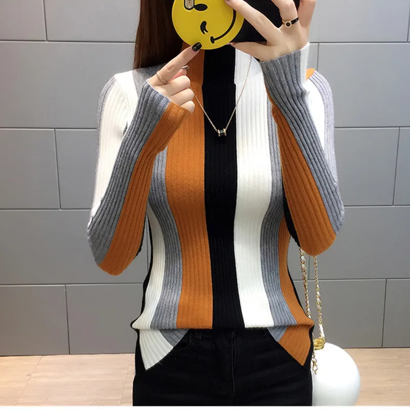 Striped Sweater Contrast Color Women Knit Pullovers 2019 Autumn Long-sleeved Knitwear Ladies Turtleneck Casual Tops W342 | Женская
