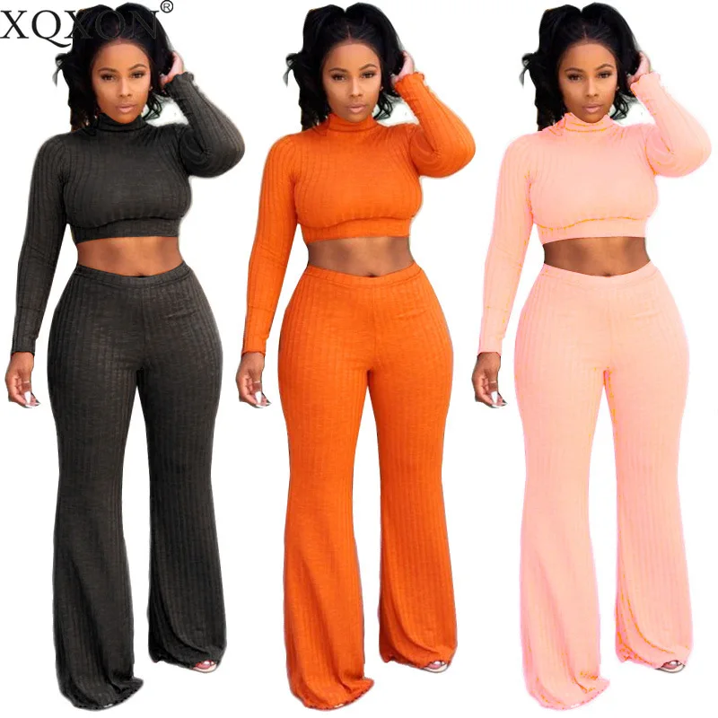 

New 2021 Women Autumn Matching Sets Clothes Sexy Outfits Turtleneck Knitted Sweater Tops and Wide Leg Pants Suit Two Piece Set