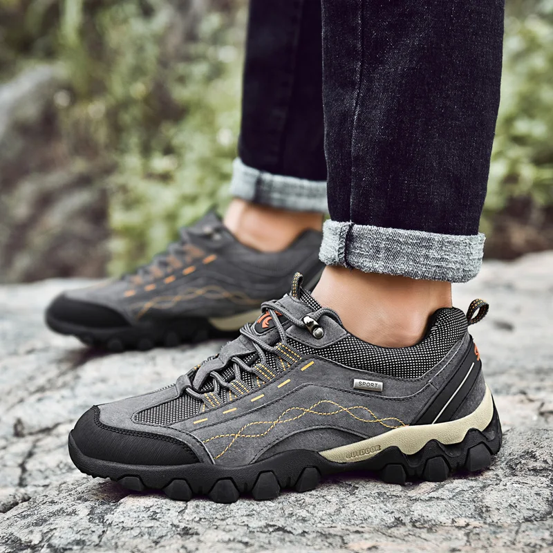 MANLI New Outdoor Leather Hiking Shoes For Men Shock Absorption Anti-skid Wear-resistant Camping Walking Trekking Sneaker | Спорт и