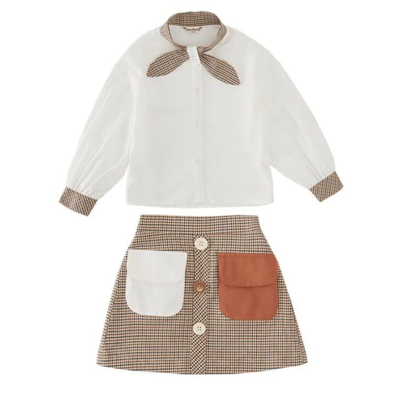 

DFXD/комплект осенней одежды для девочек, детская модная одежда с длинными рукавами, блуза + двойные карманы клетчатая юбка комплект из 2 предметов костюм принцессы для девочек Нарядный костюм