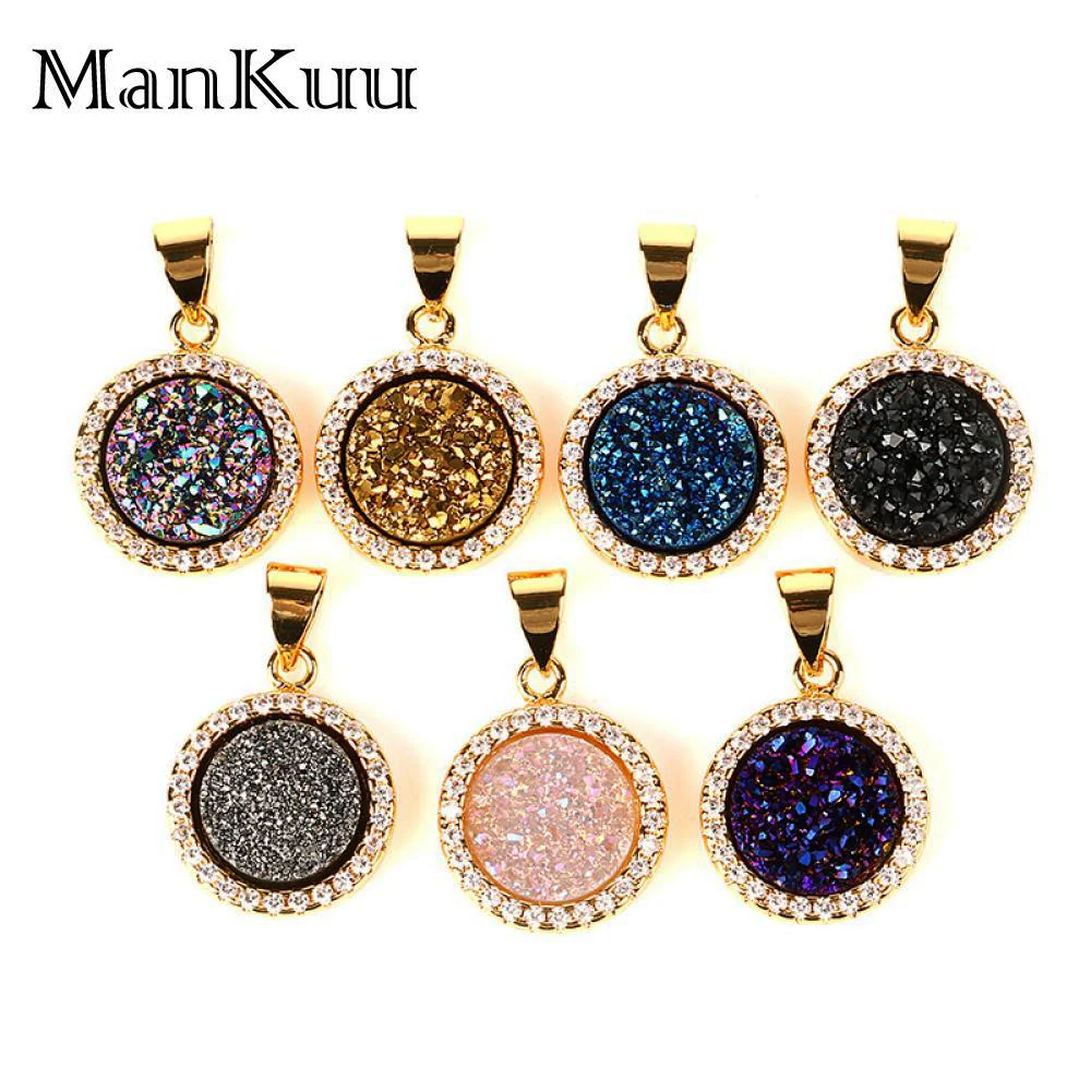 Mankuu Round Opal Druzy Pendant Charms Gold Plating Rainbow Crystal Natural Stone Pendants DIY Jewelry Making Accessories | Украшения и
