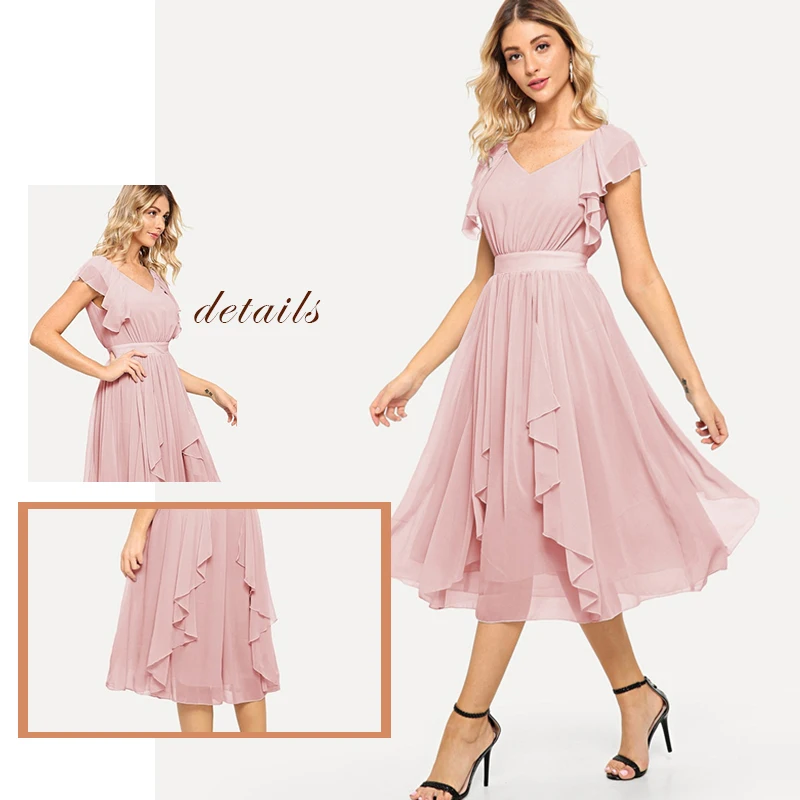 Sheinside, розовое, элегантное, с оборками, платье, для женщин, с высокой талией, на молнии, платье миди,, летнее, v-образный вырез, без рукавов, одноцветное, Драпированное, платья