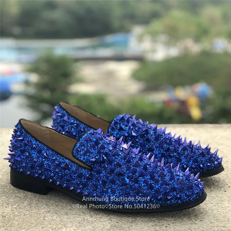 Glitter Rivet Casual Shoes Men Sequin Loafers Round Toe Slip On Flats Genuine Leather Studded Men Shoes Zapatillas Hombre