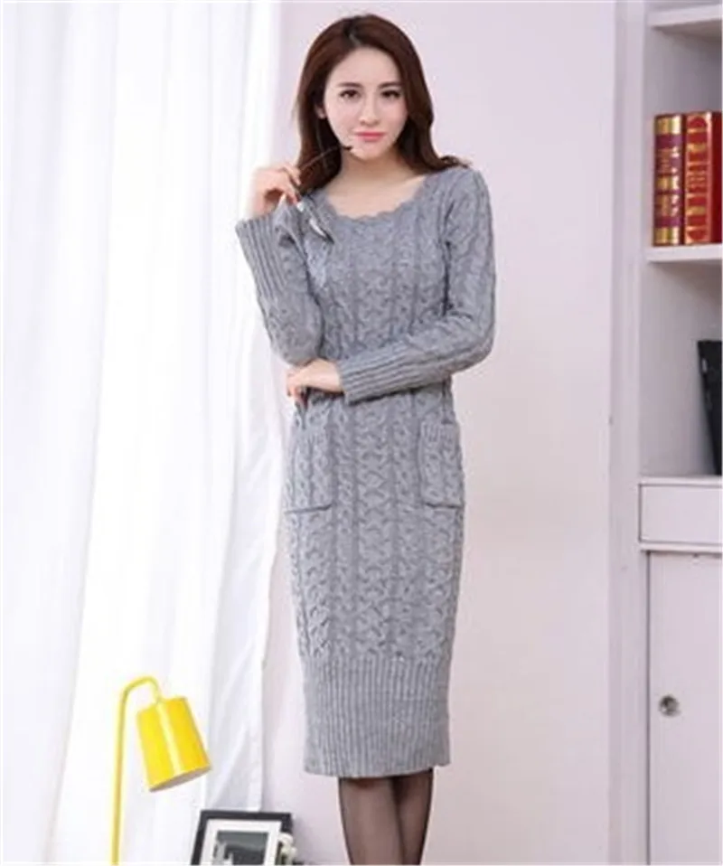 light grey style 2 Осенне-зимний свитер с высоким воротом, Женский вязаный пуловер с разрезом, длинный свитер, платье, Pull Femme, толстый свитер, пуловеры, платье C3685 - Цвет: light grey style 2