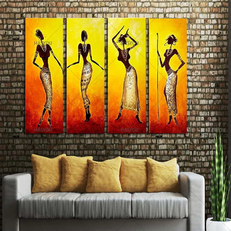 

Handmade Acrylic Africa Women Paintings Modern Wall Art Decor 4 Panel Pictures Handpainted Abstract Oil Painting on Canvas