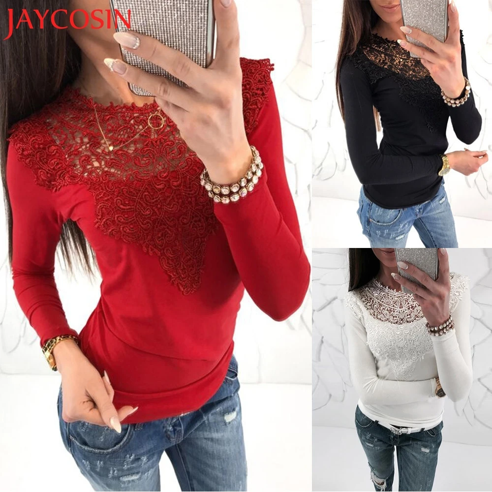 JAYCOSIN Женская Сексуальная кружевная Однотонная футболка с длинным рукавом