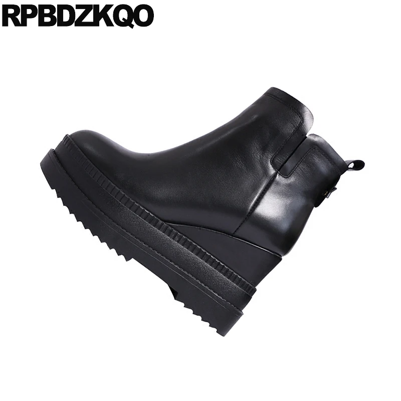 Женские ботинки на танкетке Flatform черные повседневные ботильоны из натуральной