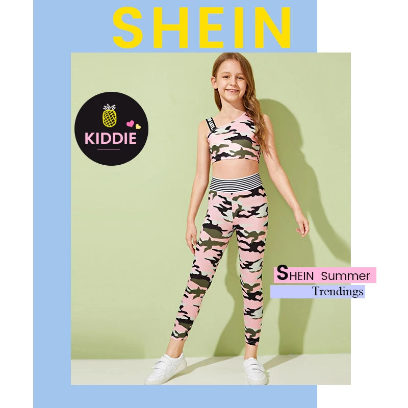 SHEIN/детская одежда для девочек; Асимметричный топ с буквенным принтом и камуфляжные леггинсы; коллекция года; летняя одежда для активного отдыха; обтягивающие Детские комплекты