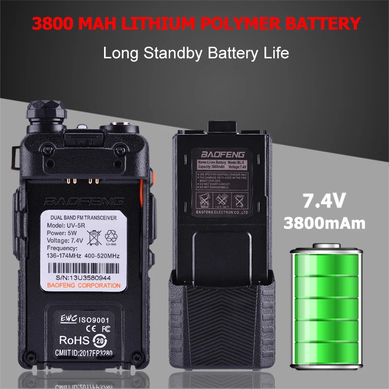 2pcs Baofeng UV-5R 5W 3800mAh Long Standby Battery Walkie Talkie UV 5R UHF VHF Dual Band Portable Hf Two Way Radio Station UV5R